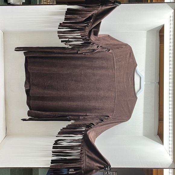 Fringe, light suede feel jacket, large-ext large, zipper front, dark brown - Picture 9 of 12